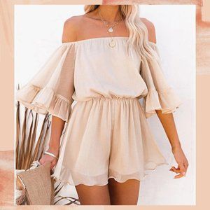 Kathryn Off Shoulder Bell Sleeve Romper Nude Pink